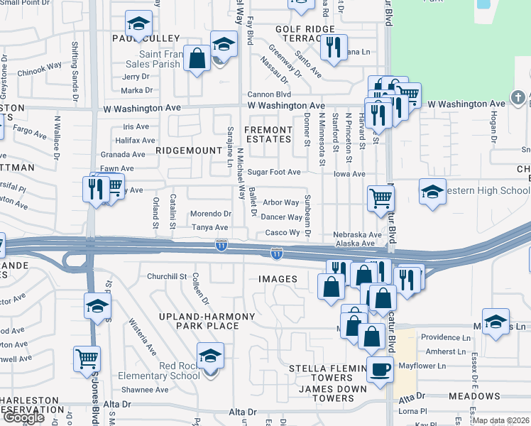 map of restaurants, bars, coffee shops, grocery stores, and more near 5220 Dancer Way in Las Vegas