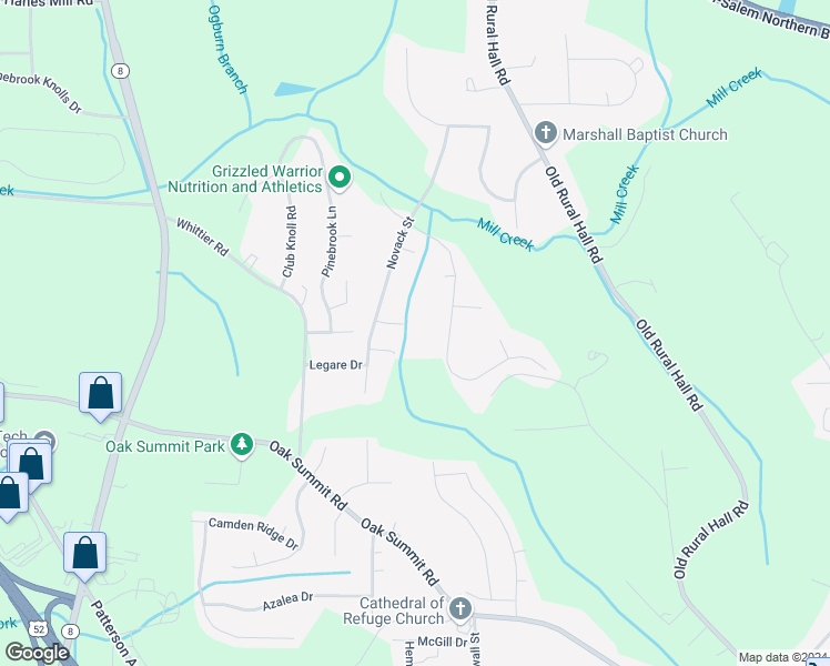 map of restaurants, bars, coffee shops, grocery stores, and more near 5630 Saddler Drive in Winston-Salem