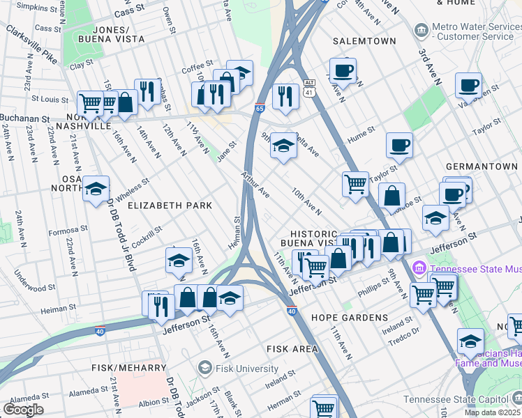 map of restaurants, bars, coffee shops, grocery stores, and more near 1522 Mary Street in Nashville