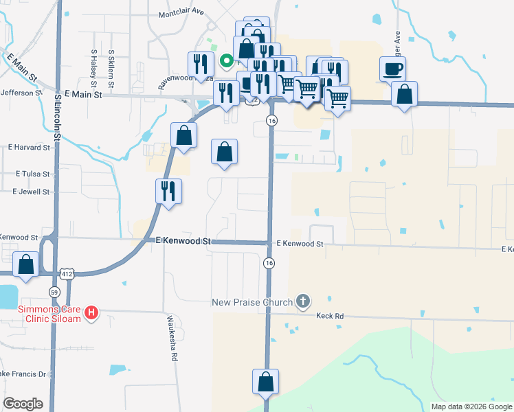 map of restaurants, bars, coffee shops, grocery stores, and more near 911 Arkansas 16 in Siloam Springs