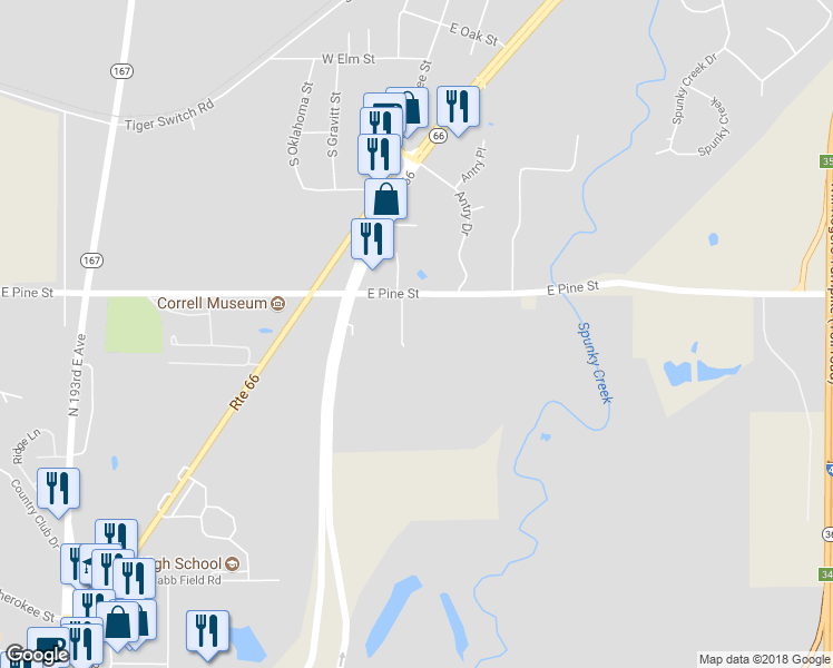 map of restaurants, bars, coffee shops, grocery stores, and more near 20526 East Pine Street in Catoosa