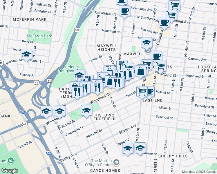 map of restaurants, bars, coffee shops, grocery stores, and more near 826 Main Street in Nashville
