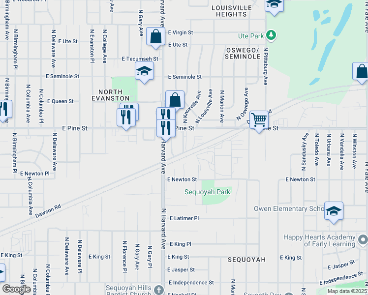 map of restaurants, bars, coffee shops, grocery stores, and more near 364 East Edison Road North in Tulsa