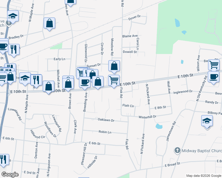 map of restaurants, bars, coffee shops, grocery stores, and more near 1045 East 10th Street in Cookeville