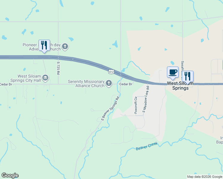 map of restaurants, bars, coffee shops, grocery stores, and more near 4051 Cedar Drive in Colcord