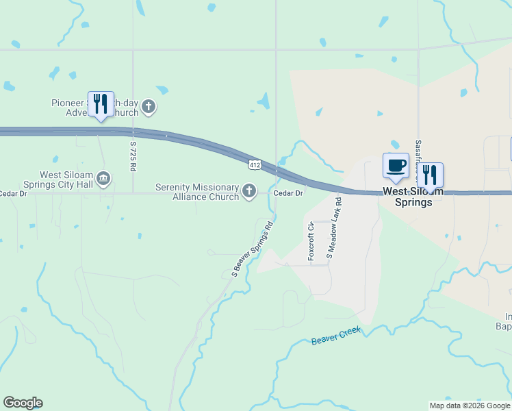 map of restaurants, bars, coffee shops, grocery stores, and more near 4051 Cedar Drive in Colcord