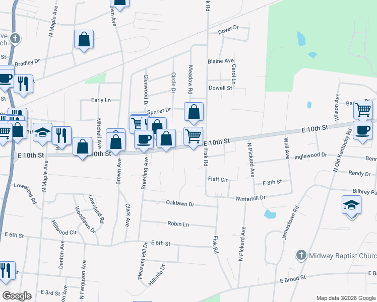 map of restaurants, bars, coffee shops, grocery stores, and more near 1045 East 10th Street in Cookeville