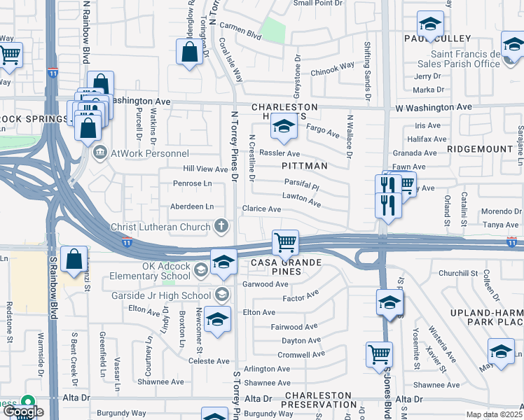 map of restaurants, bars, coffee shops, grocery stores, and more near 6337 Clarice Avenue in Las Vegas