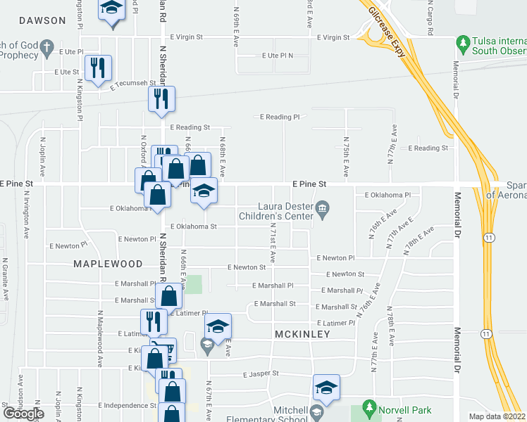 map of restaurants, bars, coffee shops, grocery stores, and more near 6938 East Oklahoma Place in Tulsa