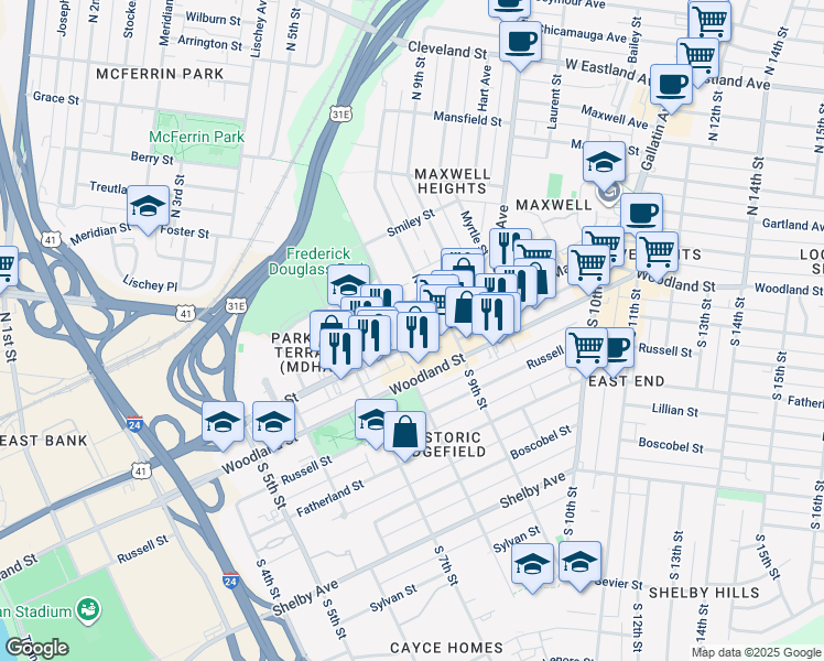 map of restaurants, bars, coffee shops, grocery stores, and more near 803 Main Street in Nashville