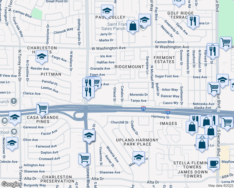 map of restaurants, bars, coffee shops, grocery stores, and more near 212 Orland Street in Las Vegas