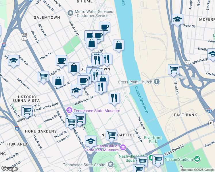 map of restaurants, bars, coffee shops, grocery stores, and more near 1120 3rd Avenue North in Nashville