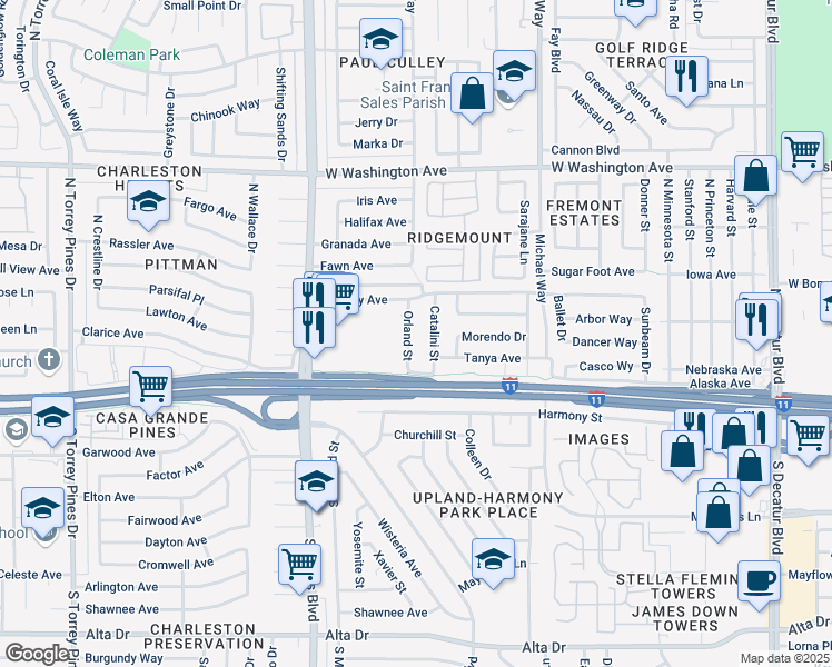 map of restaurants, bars, coffee shops, grocery stores, and more near 212 Orland Street in Las Vegas