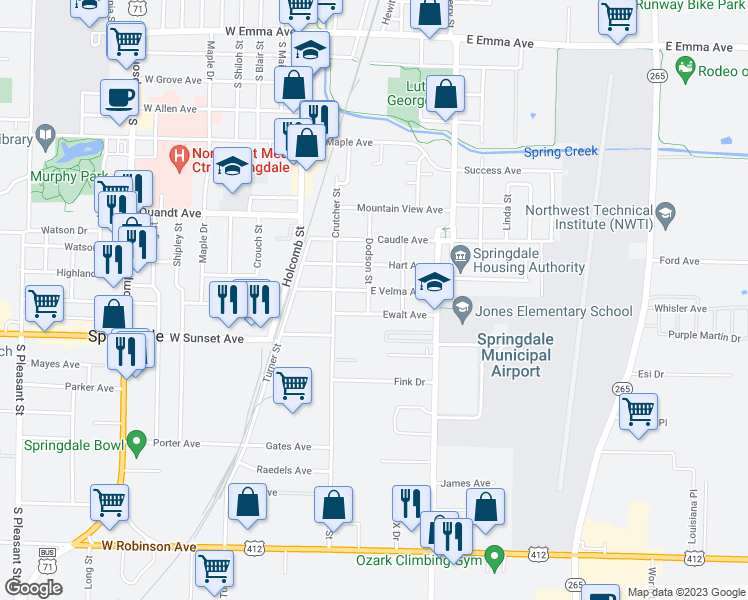 map of restaurants, bars, coffee shops, grocery stores, and more near 910 Dodson Street in Springdale