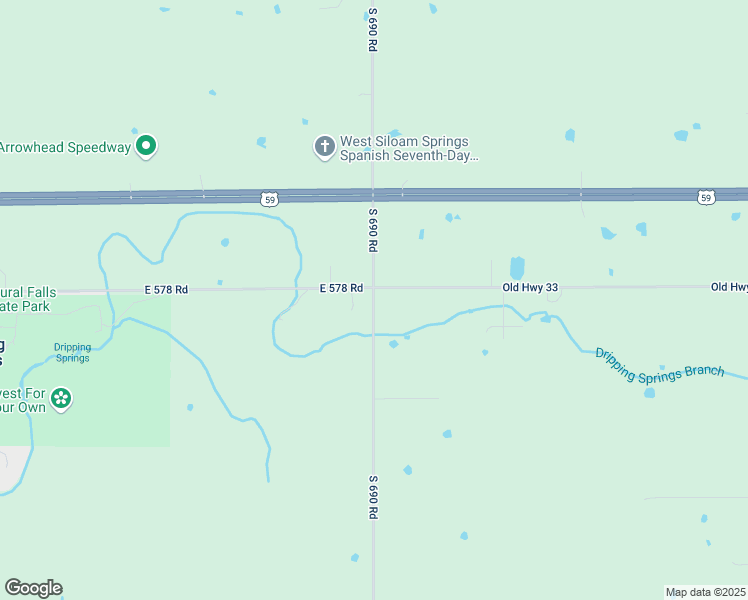 map of restaurants, bars, coffee shops, grocery stores, and more near 57991 South 690 Road in Colcord