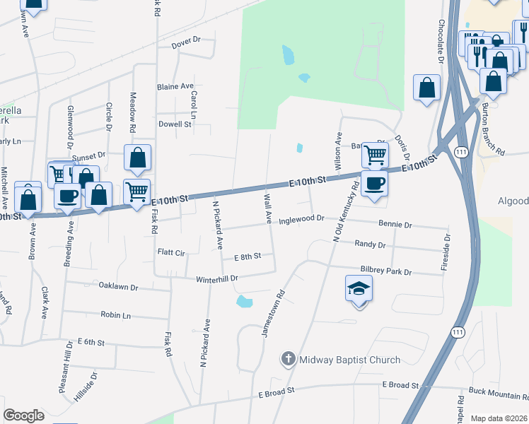map of restaurants, bars, coffee shops, grocery stores, and more near 1280 Inglewood Drive in Cookeville