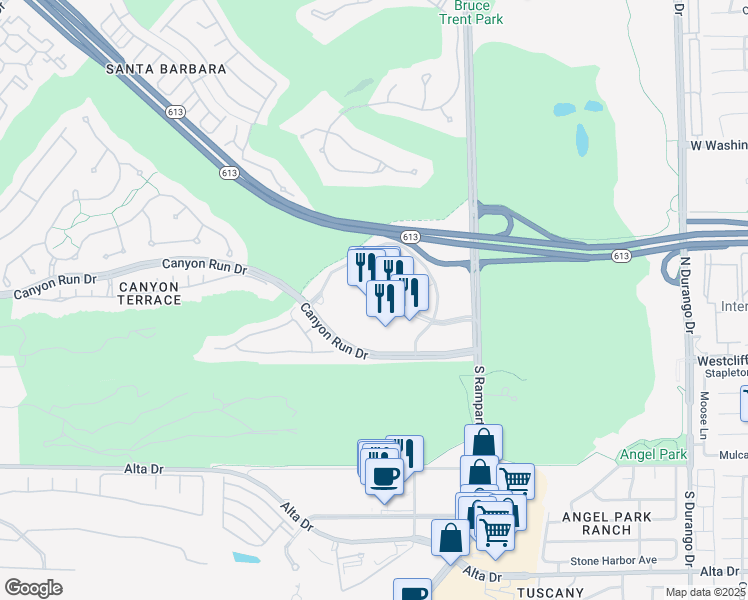 map of restaurants, bars, coffee shops, grocery stores, and more near 221 North Rampart Boulevard in Las Vegas