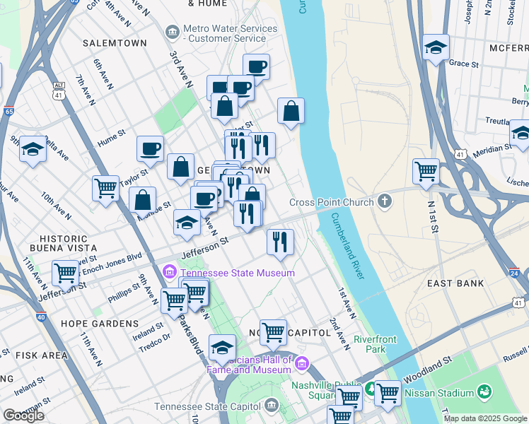map of restaurants, bars, coffee shops, grocery stores, and more near 1100 3rd Avenue North in Nashville