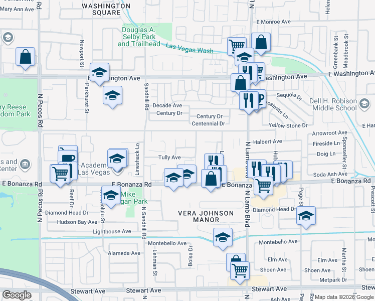 map of restaurants, bars, coffee shops, grocery stores, and more near 4128 Tully Avenue in Las Vegas