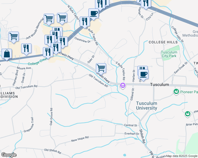 map of restaurants, bars, coffee shops, grocery stores, and more near 2323 Old Tusculum Road in Greeneville