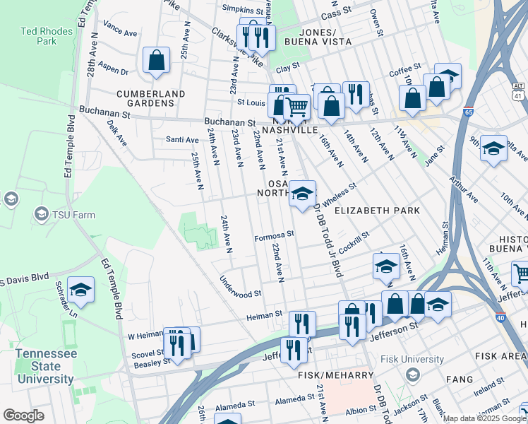 map of restaurants, bars, coffee shops, grocery stores, and more near 1613 22nd Avenue North in Nashville