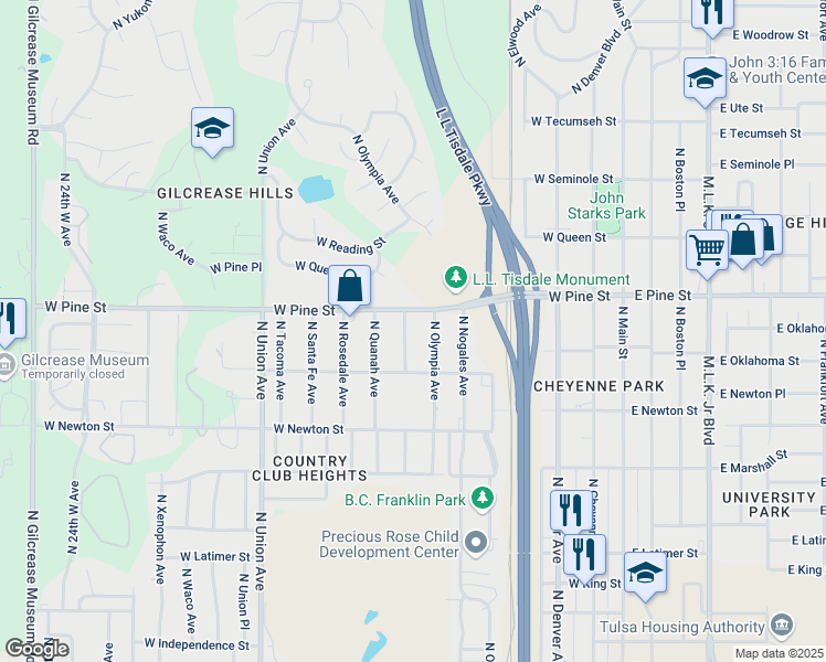 map of restaurants, bars, coffee shops, grocery stores, and more near 1432 North Olympia Avenue in Tulsa