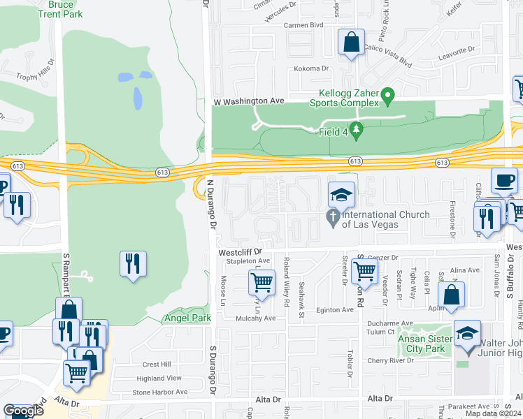 map of restaurants, bars, coffee shops, grocery stores, and more near 8286 Silver Sky Circle in Las Vegas