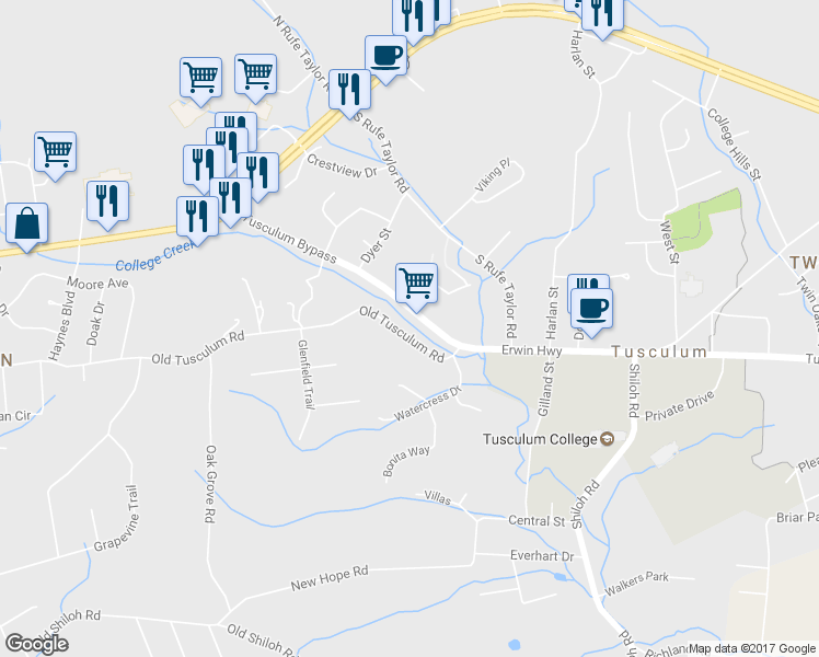 map of restaurants, bars, coffee shops, grocery stores, and more near 2323 Old Tusculum Rd in Greeneville