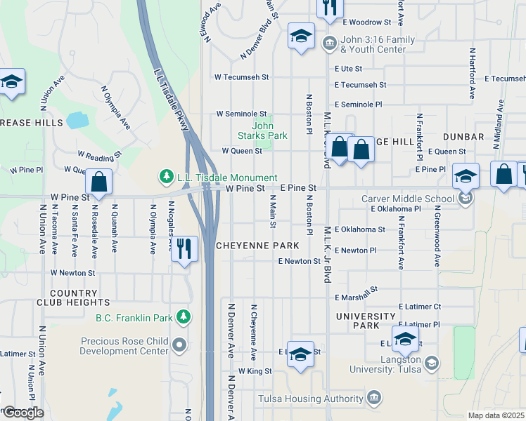 map of restaurants, bars, coffee shops, grocery stores, and more near in Tulsa