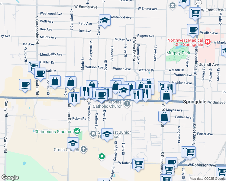 map of restaurants, bars, coffee shops, grocery stores, and more near 1840 West Sunset Avenue in Springdale