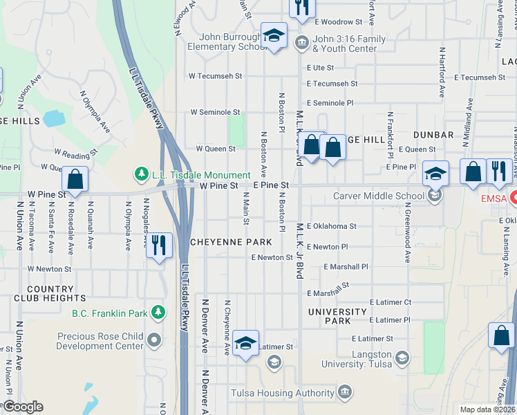map of restaurants, bars, coffee shops, grocery stores, and more near 1407 North Boston Avenue in Tulsa