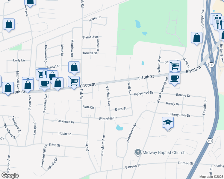 map of restaurants, bars, coffee shops, grocery stores, and more near 1227 East 10th Street in Cookeville