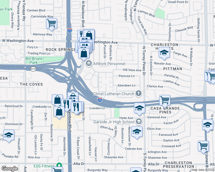 map of restaurants, bars, coffee shops, grocery stores, and more near 200 Brookside Lane in Las Vegas