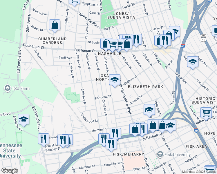 map of restaurants, bars, coffee shops, grocery stores, and more near 1609 21st Avenue North in Nashville