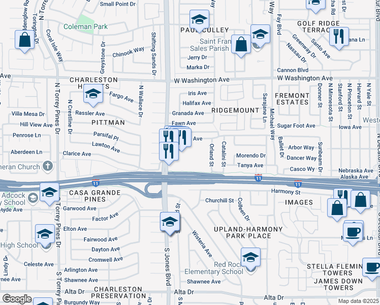 map of restaurants, bars, coffee shops, grocery stores, and more near 224 North Jones Boulevard in Las Vegas