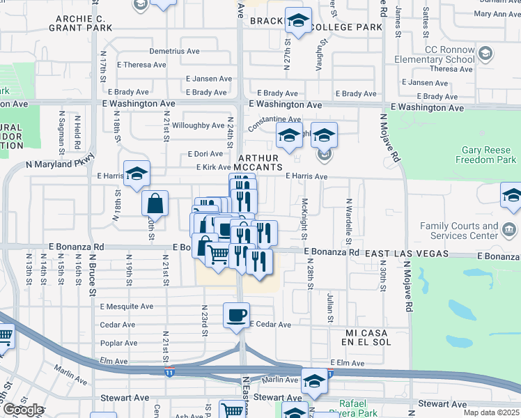 map of restaurants, bars, coffee shops, grocery stores, and more near 2521 Poppy Lane in Las Vegas