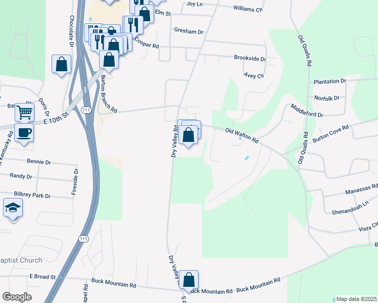 map of restaurants, bars, coffee shops, grocery stores, and more near 540 Dry Valley Road in Cookeville