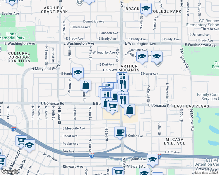 map of restaurants, bars, coffee shops, grocery stores, and more near 2405 East Wilson Avenue in Las Vegas