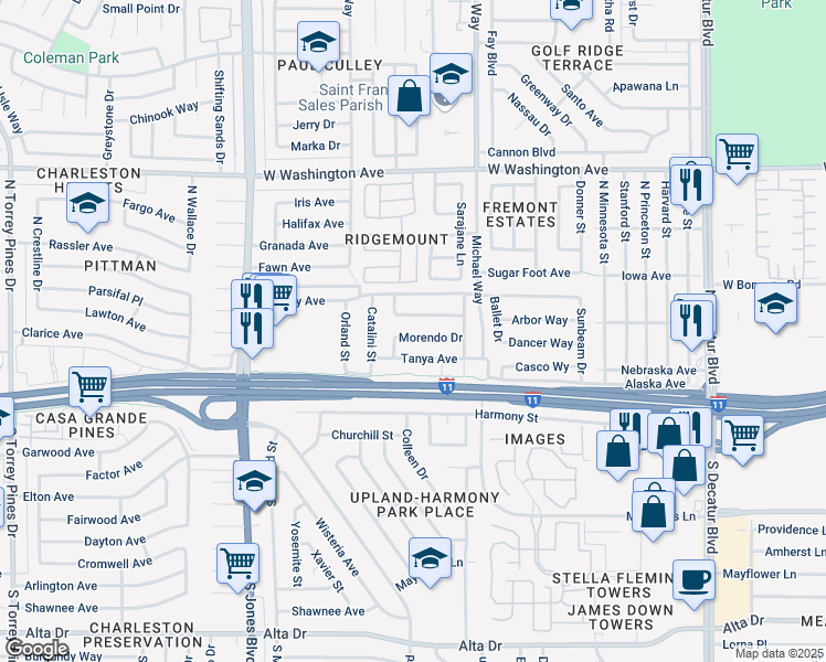 map of restaurants, bars, coffee shops, grocery stores, and more near 5605 Morendo Drive in Las Vegas