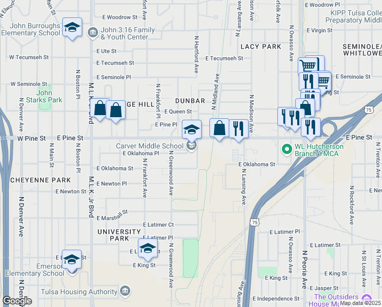 map of restaurants, bars, coffee shops, grocery stores, and more near 624 East Oklahoma Place in Tulsa
