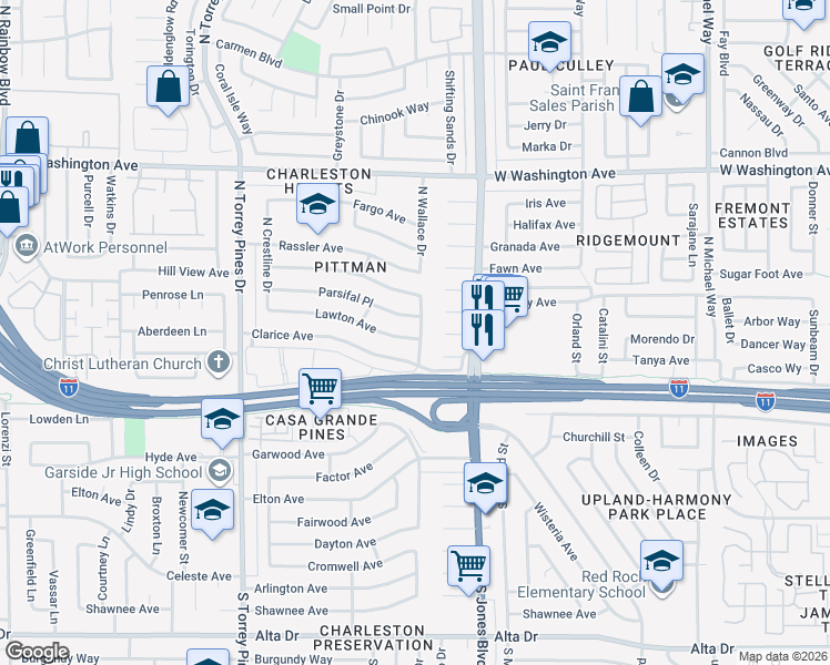 map of restaurants, bars, coffee shops, grocery stores, and more near 6213 Lawton Avenue in Las Vegas