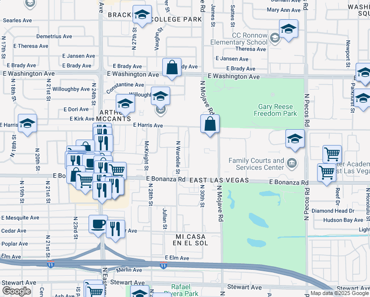 map of restaurants, bars, coffee shops, grocery stores, and more near 2901-2929 East Vandament Street in Las Vegas