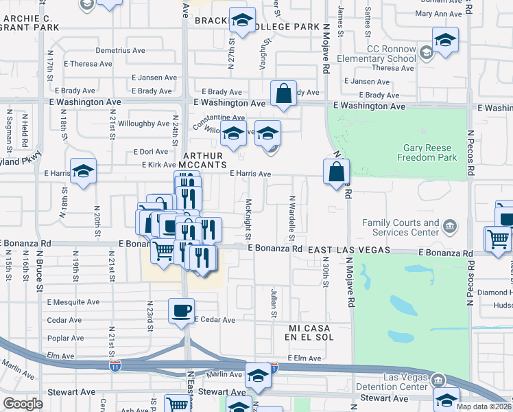 map of restaurants, bars, coffee shops, grocery stores, and more near 640 McKnight Street in Las Vegas
