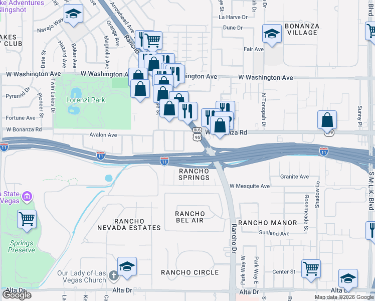 map of restaurants, bars, coffee shops, grocery stores, and more near 128 Ramsey Street in Las Vegas