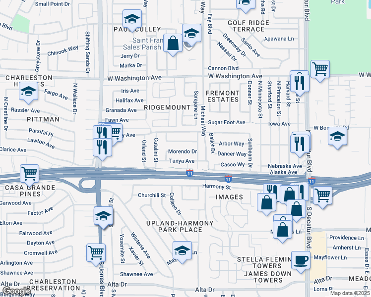 map of restaurants, bars, coffee shops, grocery stores, and more near 5501 Morendo Drive in Las Vegas
