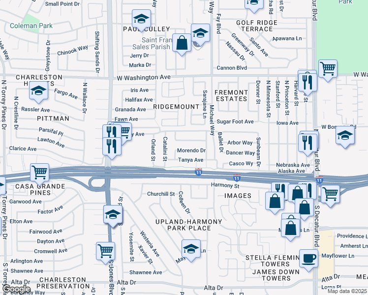 map of restaurants, bars, coffee shops, grocery stores, and more near 5605 Morendo Drive in Las Vegas
