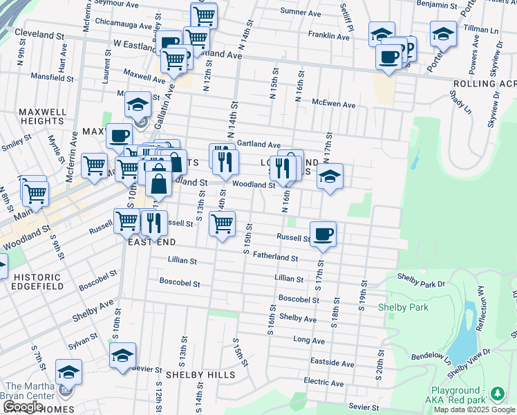 map of restaurants, bars, coffee shops, grocery stores, and more near 1506 Holly Street in Nashville