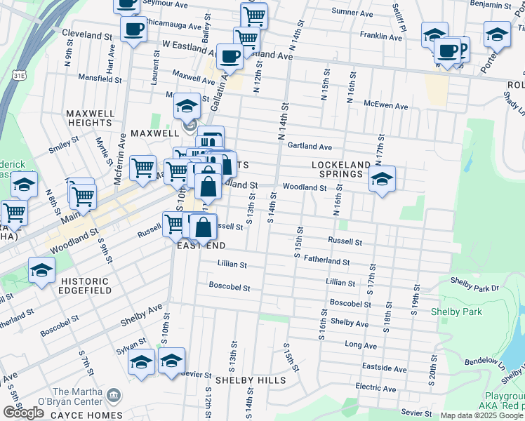 map of restaurants, bars, coffee shops, grocery stores, and more near 104 South 14th Street in Nashville