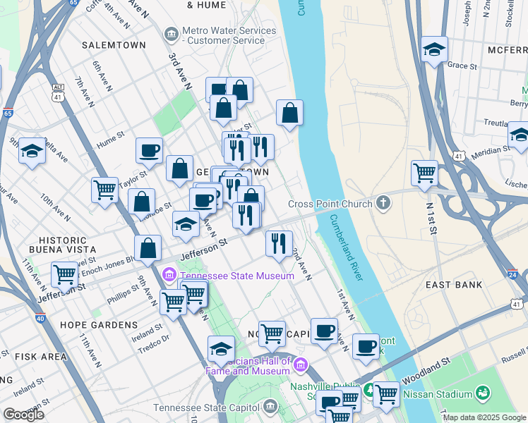 map of restaurants, bars, coffee shops, grocery stores, and more near 122 Jefferson Street in Nashville