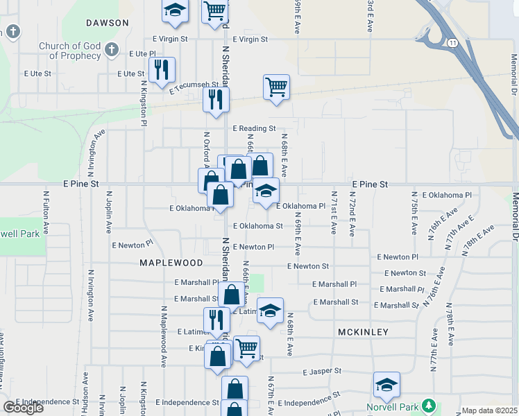 map of restaurants, bars, coffee shops, grocery stores, and more near 1436 North 67th East Avenue in Tulsa